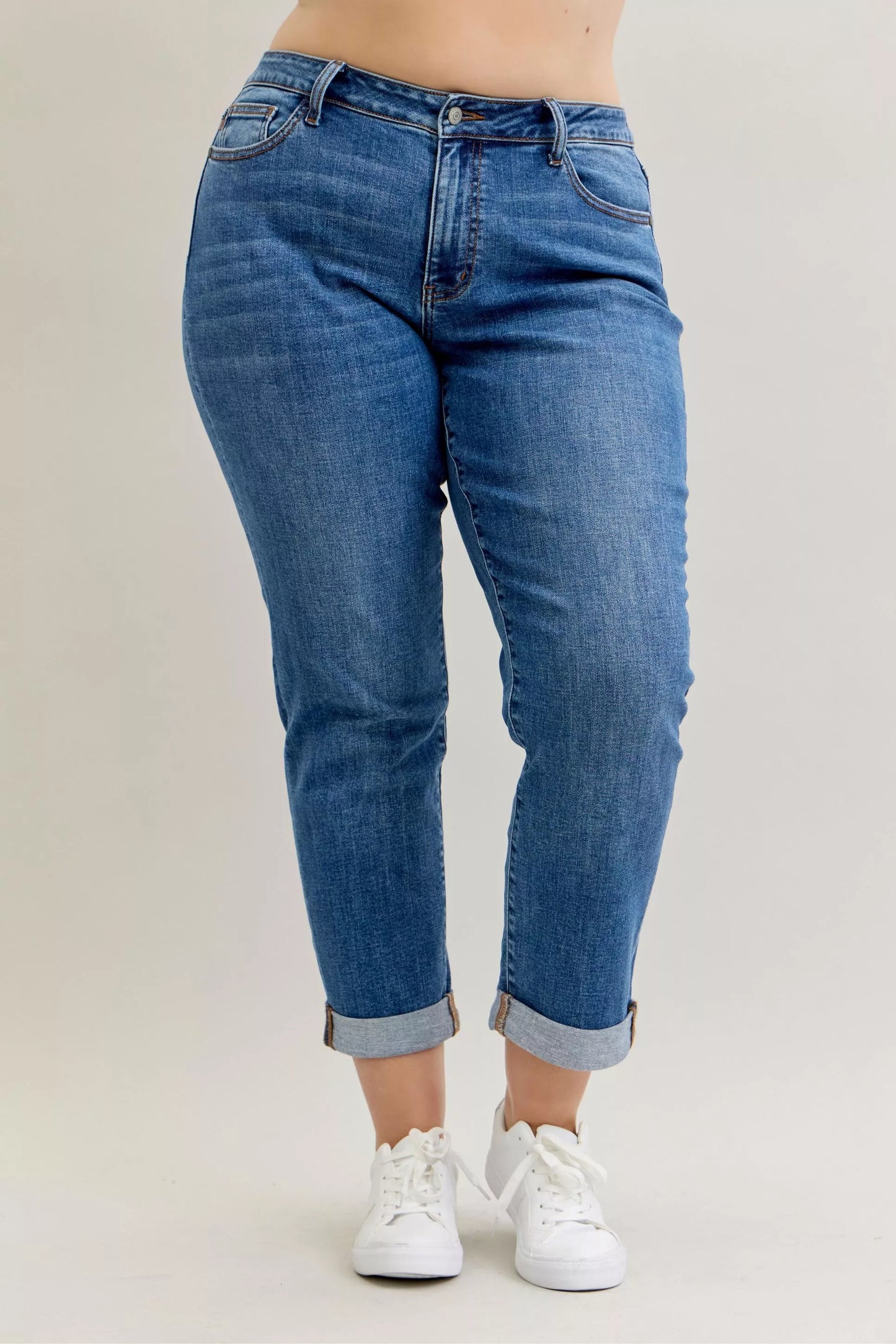 Judy Blue Mid Rise Boyfriend. Classic Cuffed Jeans at In Style Chics Boutique plus size jeans