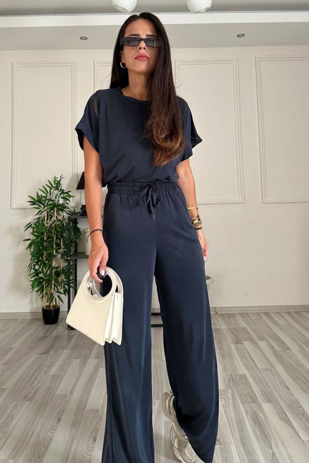Round Neck Short Sleeve Top and Drawstring Pants Set - In Style Chics Boutique LLC