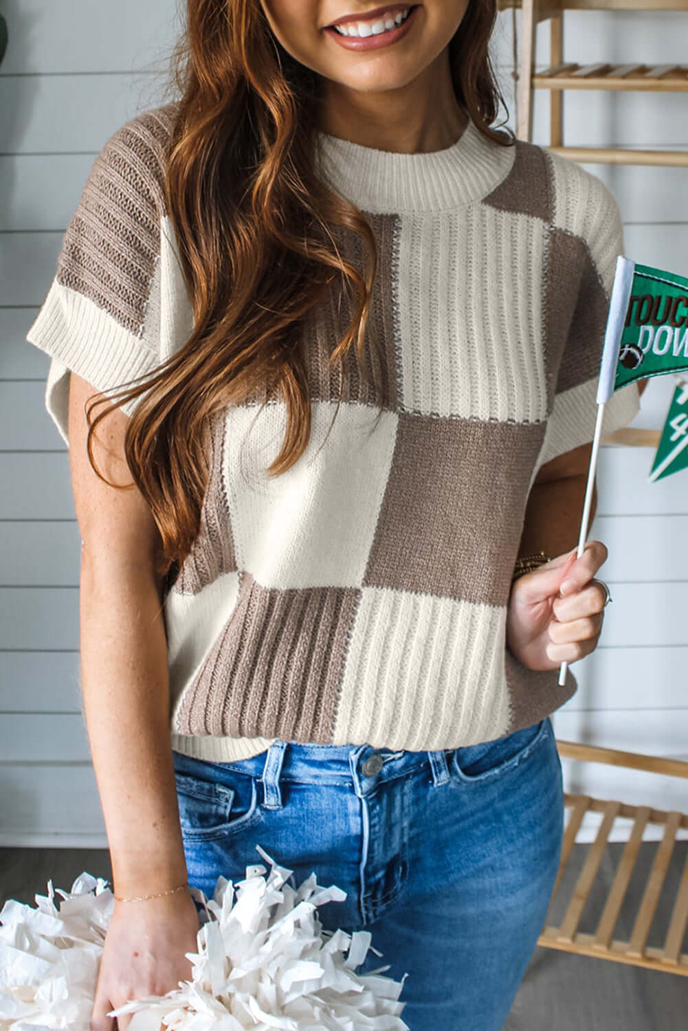 Khaki Checkered Color Block Crew Neck Short Sleeve Sweater - Cute Clothes Online - In Style Chics Boutique Women's Juniors