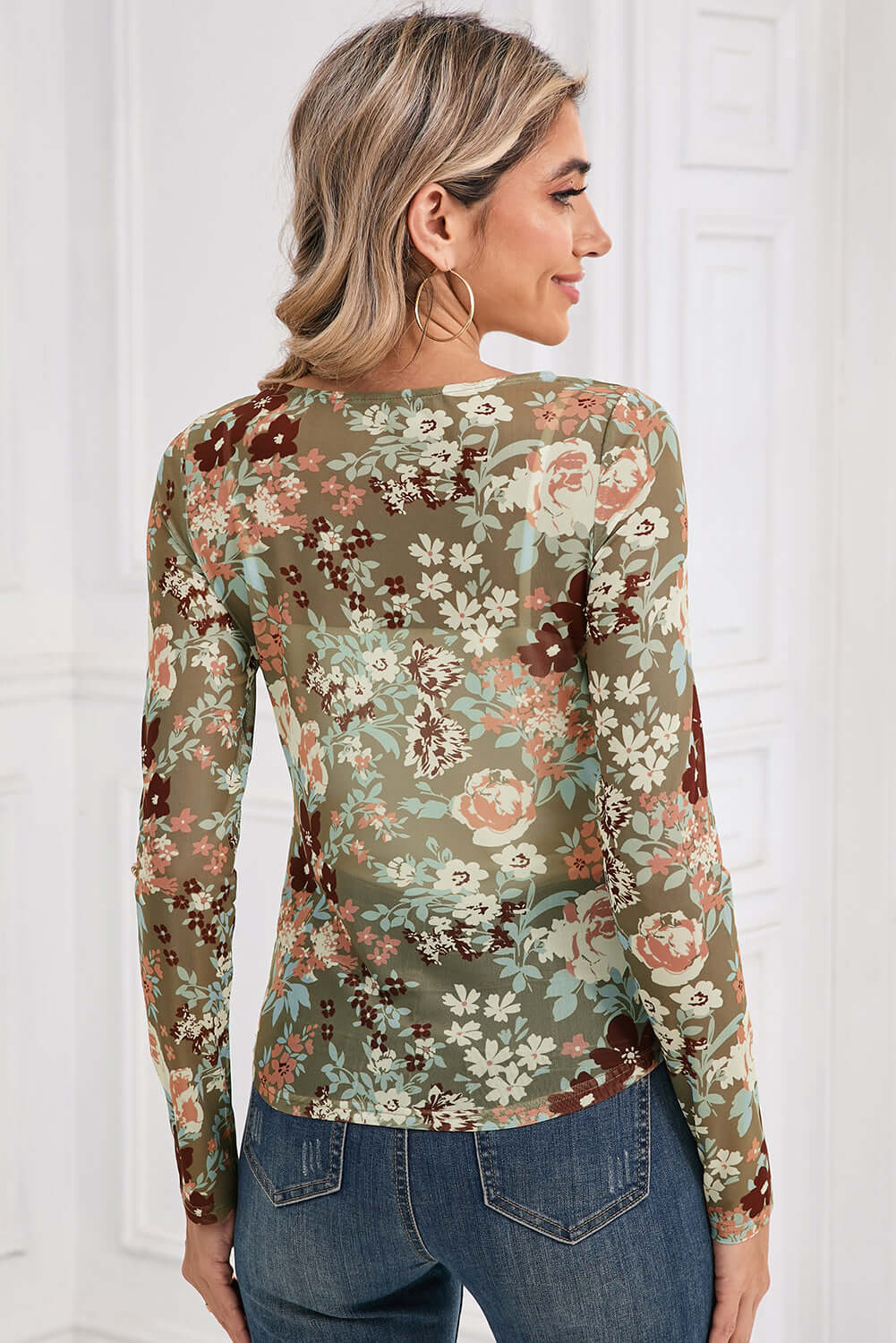 Boho Floral Print Mesh Long Sleeve Top - In Style Chics Boutique Online Clothing Women's Juniors Free Shipping Cute Clothes
