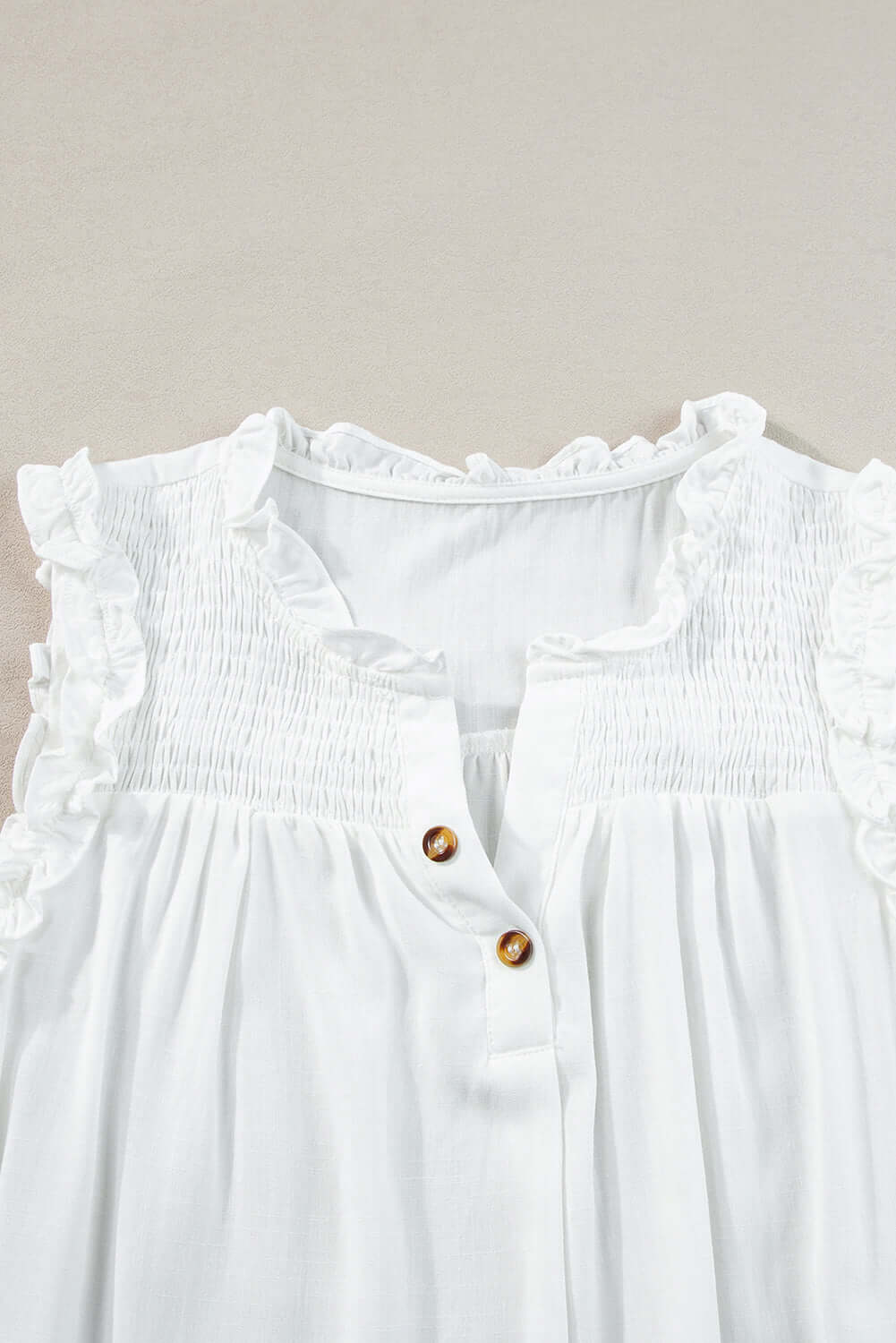 Button Split Neck Frill Trim Sleeveless Shirt - Cute Clothes Online - In Style Chics Boutique Women's Juniors Apparel