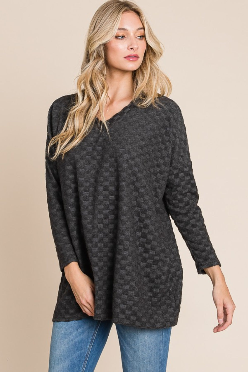 BOMBOM Checkered Long Sleeve V-Neck T-Shirt - In Style Chics Boutique LLC