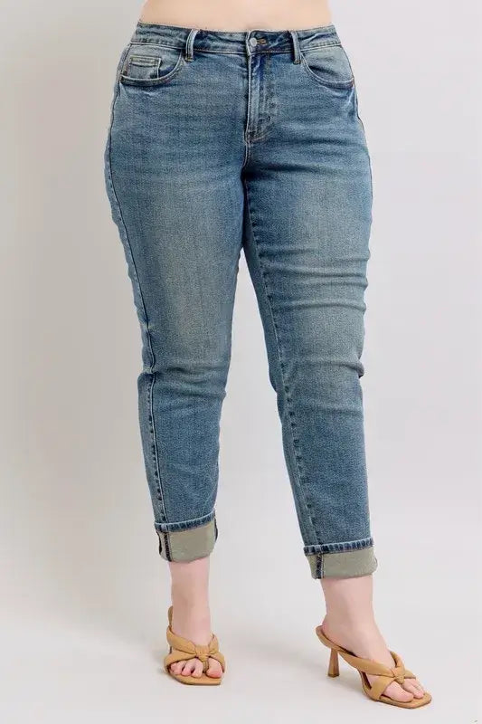 Judy Blue Mid Rise Vintage Wash Double Roll Cuff Boyfriend Jeans - In Style Chics Boutique Women's Juniors Plus Size Apparel Online