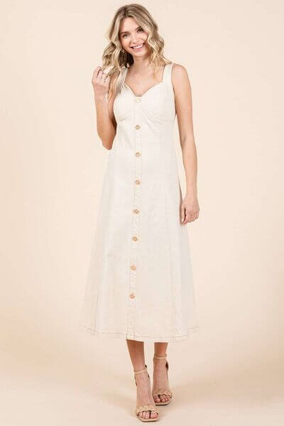 Stretch Twill Decor Button Sleeveless Midi Dress - In Style Chics Boutique