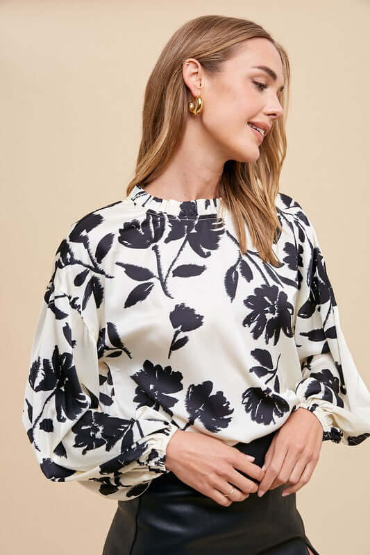 Annie Wear Frill Printed Balloon Sleeve Blouse - In Style Chics Boutique LLC