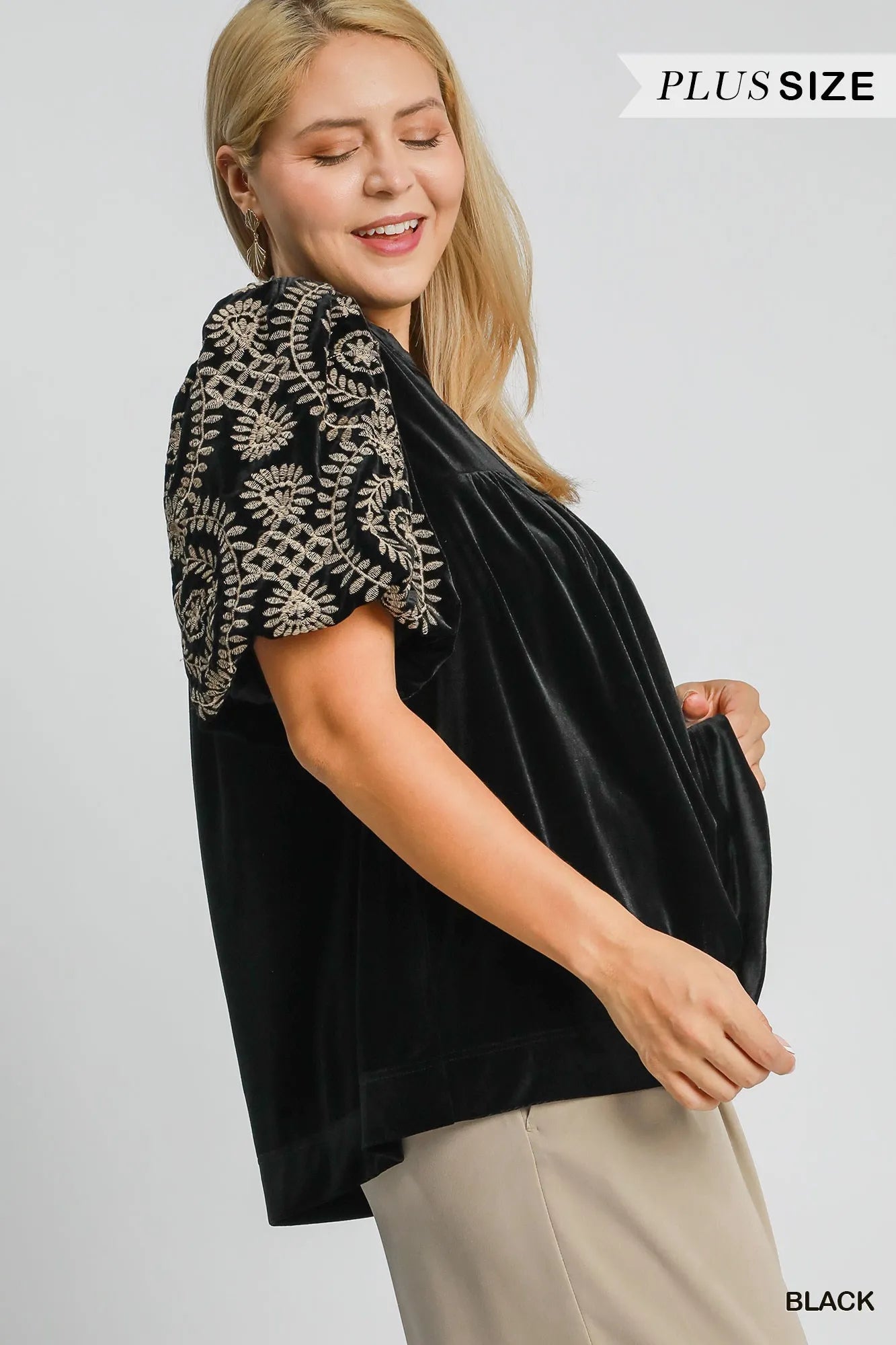 Velvet Embroidered Sleeve Blouse at In Style Chics Boutique