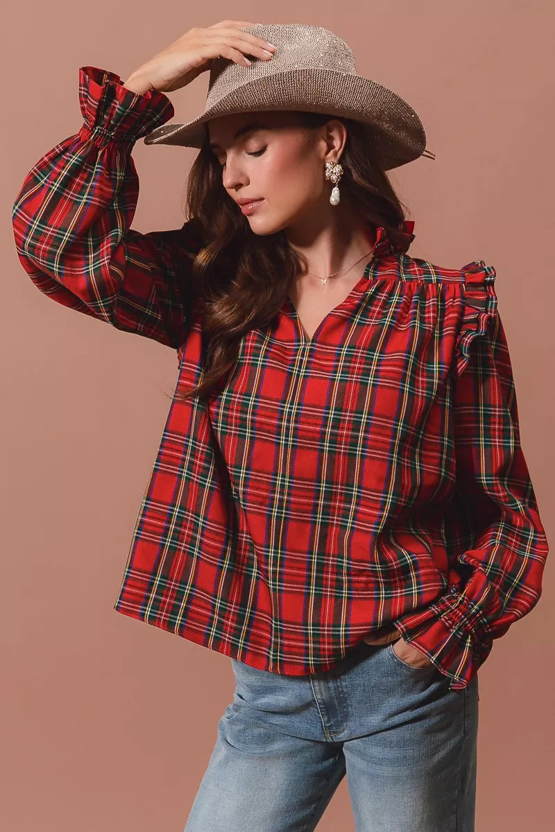 Christmas Checkered Plaid Smocked ♥️ Blouse at In Style Chics Boutique