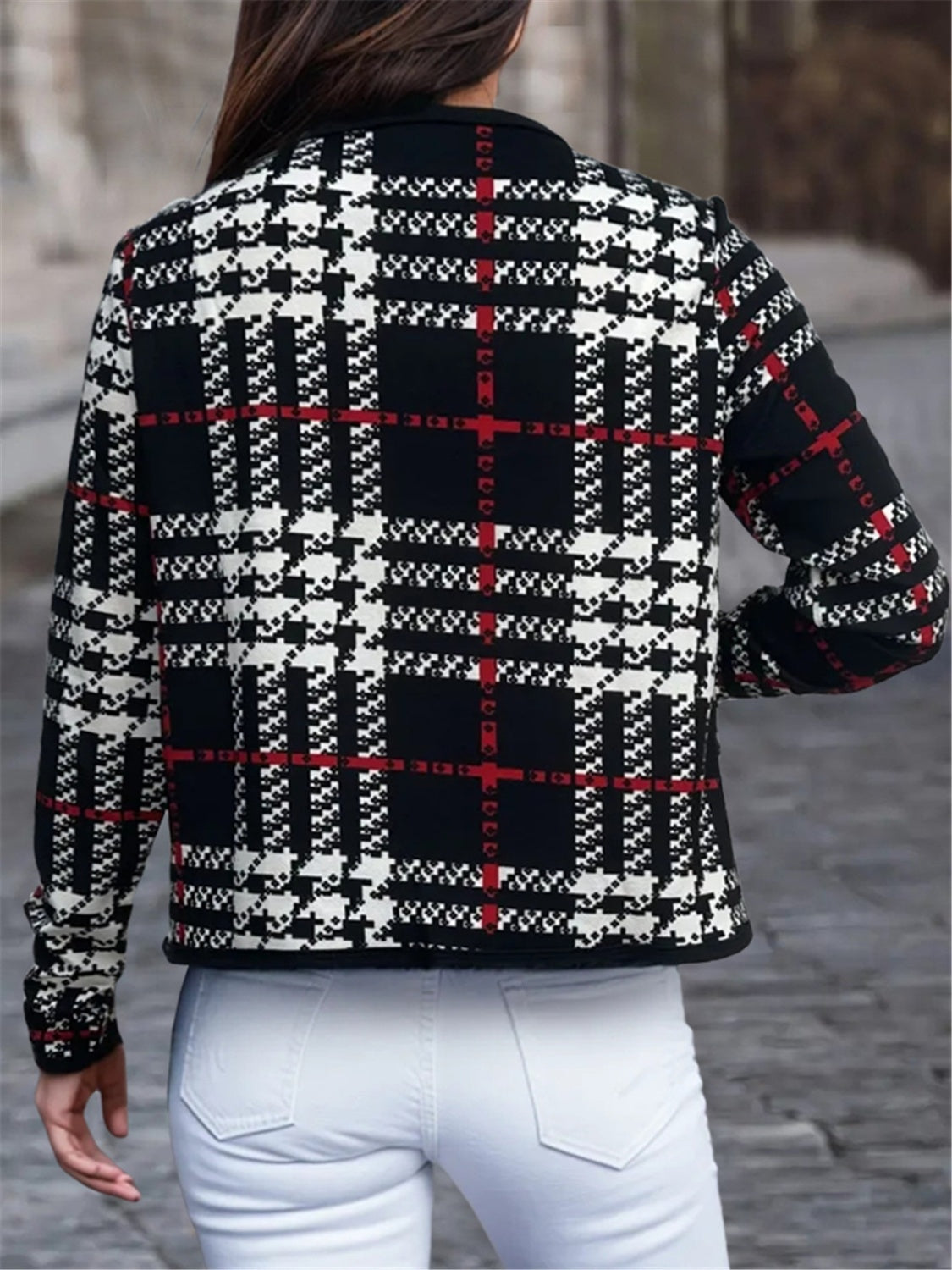 Plaid Open Front Long Sleeve Jacket - In Style Chics Boutique LLC