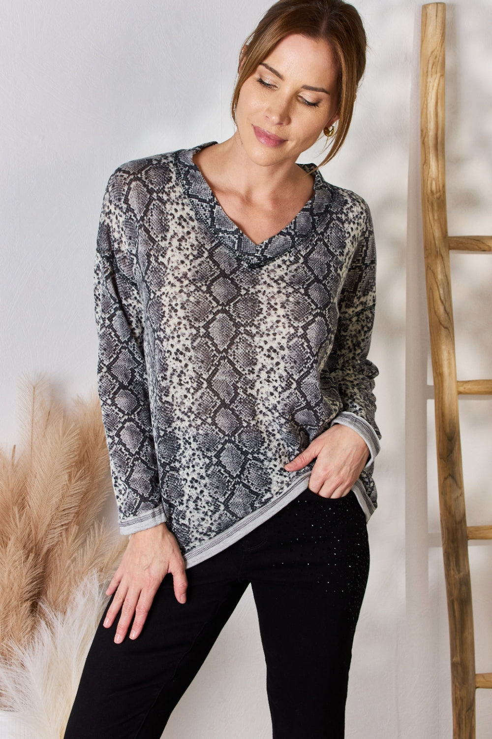 Hailey & Co Full Size Snakeskin V-Neck Long Sleeve Top - In Style Chics Boutique LLC