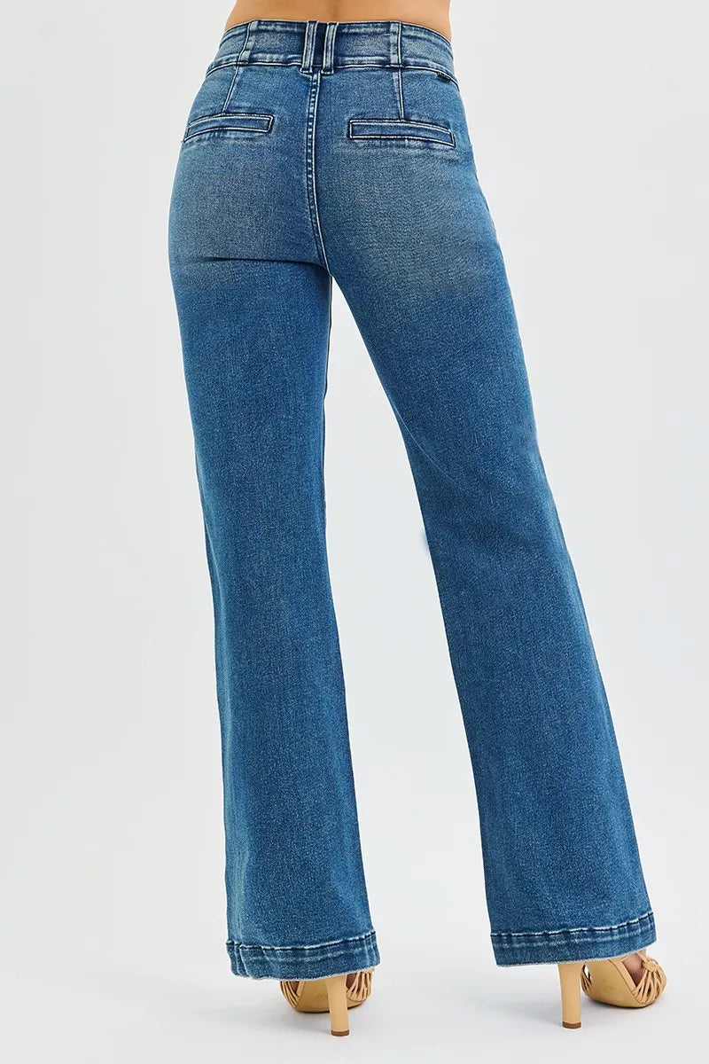 RISEN Tummy Control High Rise Bootcut Jeans Double Button Waist at In Style Chics Boutique