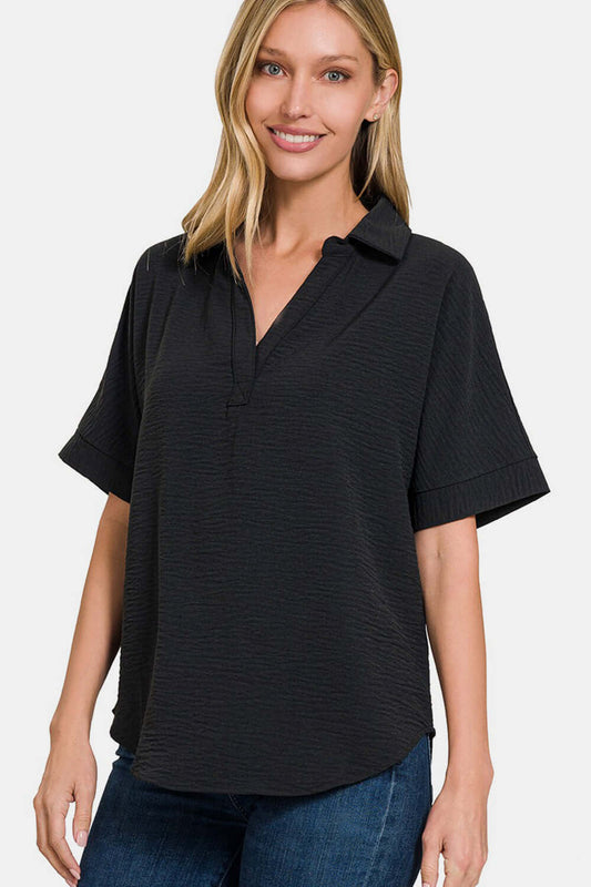 Textured Collared Neck Short Sleeve Black Top - In Style Chics Boutique Women's Juniors Plus Size Apparel Online