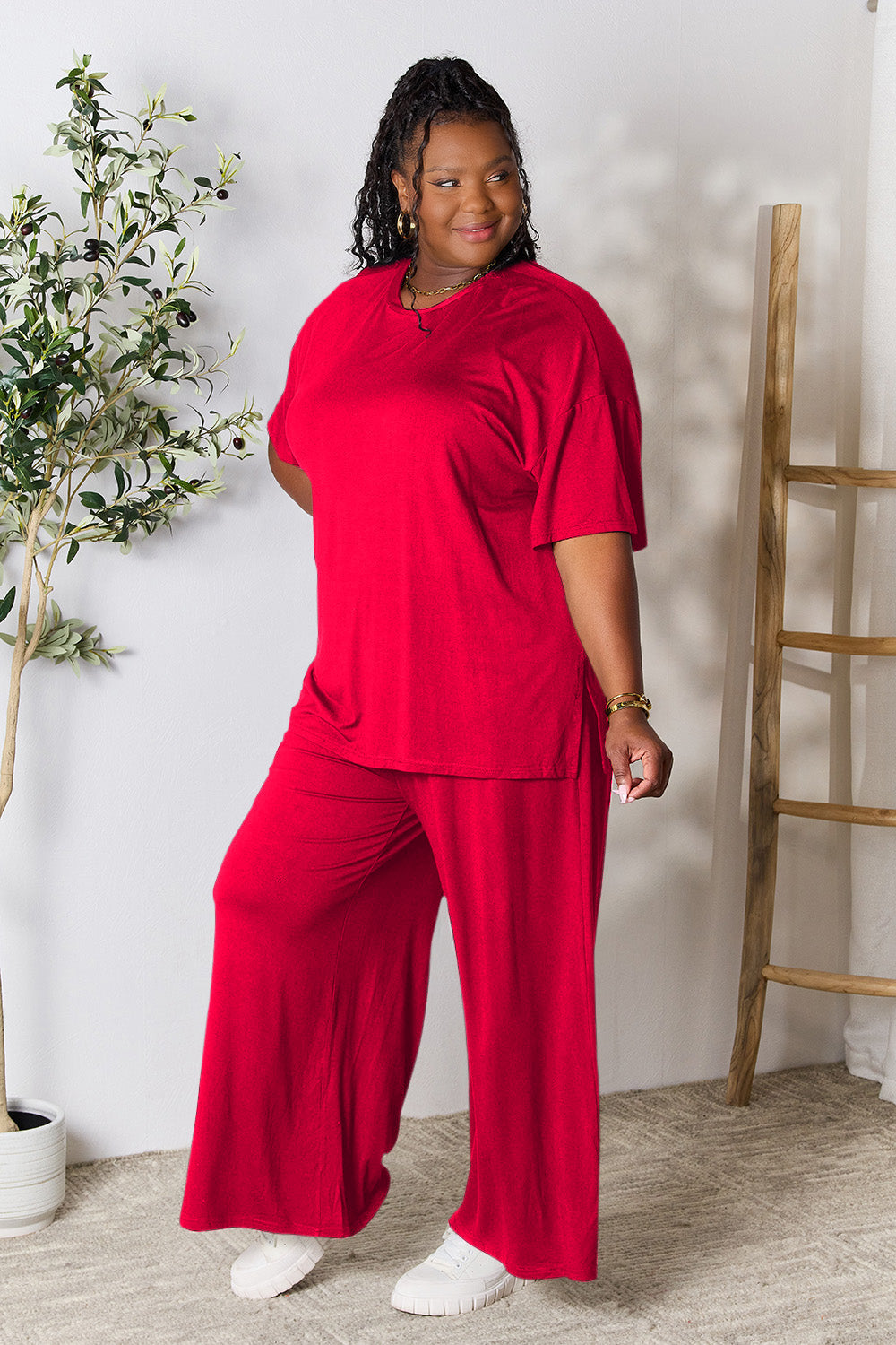 Double Take Round Neck Slit Top and Pants Set - More Colors! - In Style Chics Boutique LLC