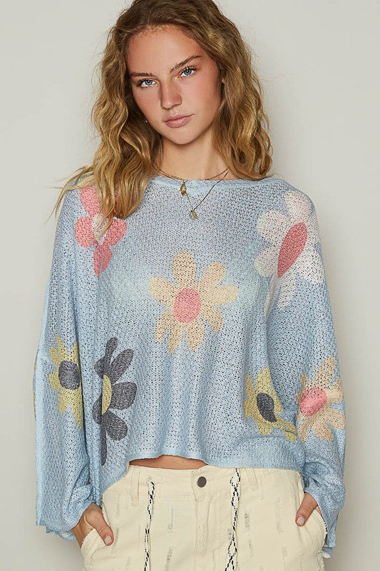 POL Flower Dropped Shoulder Long Sleeve Knit Top - In Style Chics Boutique LLC