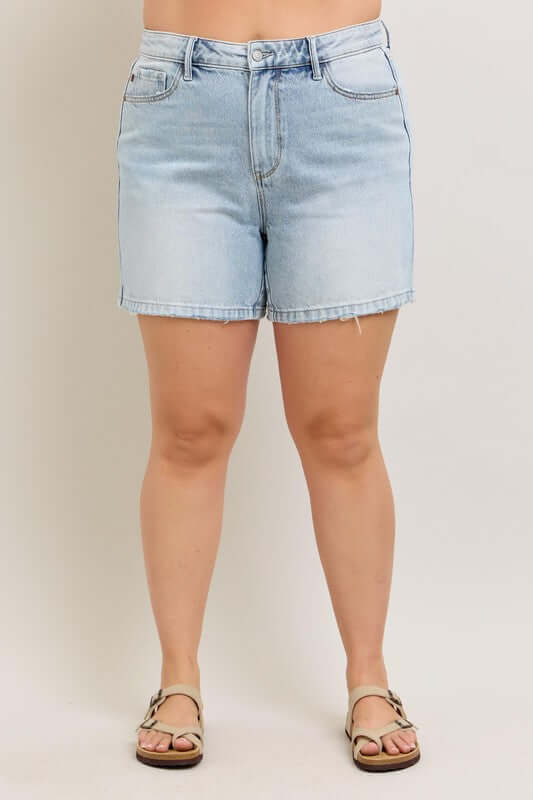 Judy Blue Frayed Hem High Rise Denim Shorts with Pockets - In Style Chics Boutique Women's Juniors Plus Size Apparel Online