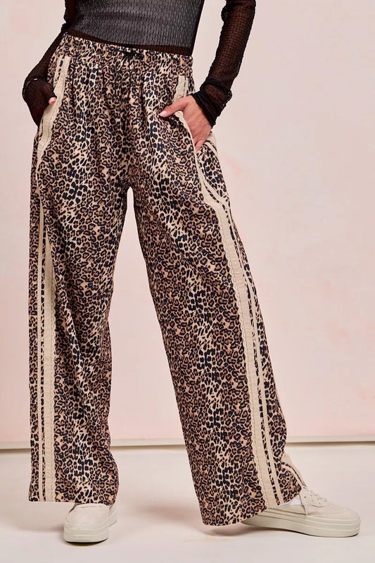 Leopard Printed Track Pants with Side Contrast Lace at In Style Chics Boutique