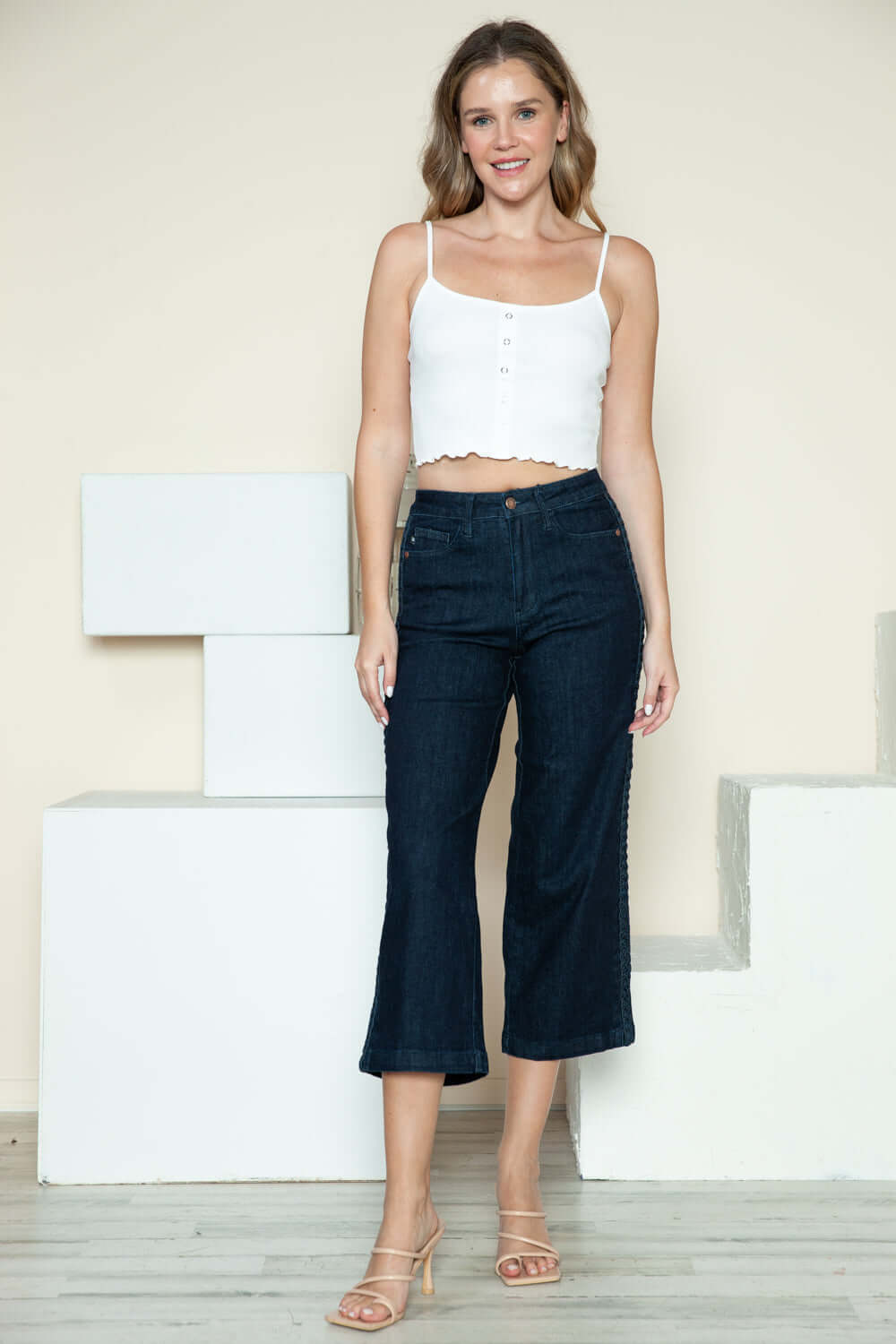 Judy Blue Full Size Side Seam Braid Detail Crop Wide Leg Jeans - In Style Chics Boutique LLC
