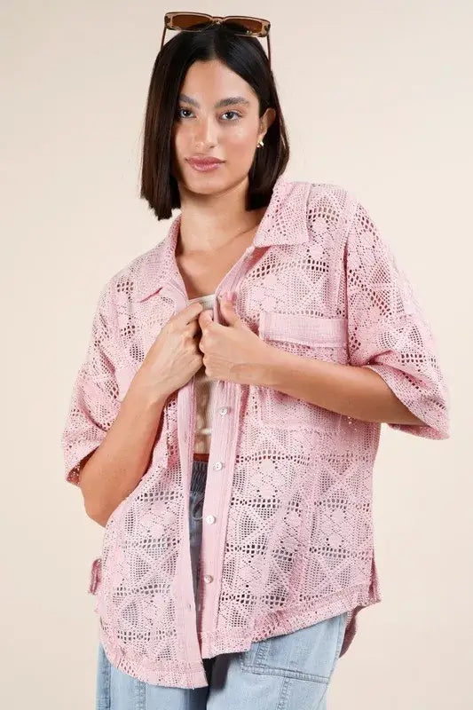 Plus Size Oversized Crochet Button Down Shirt Top - In Style Chics Boutique Online Women's Juniors Plus Size Apparel