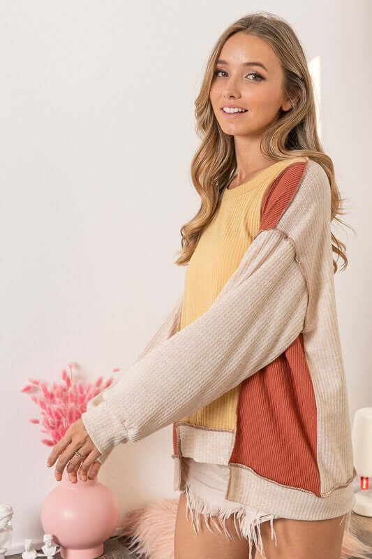 BiBi Waffle-Knit Exposed Seam Color Block Uneven Hem Top - Cute Clothing Online - In Style Chics Boutique Women's Juniors