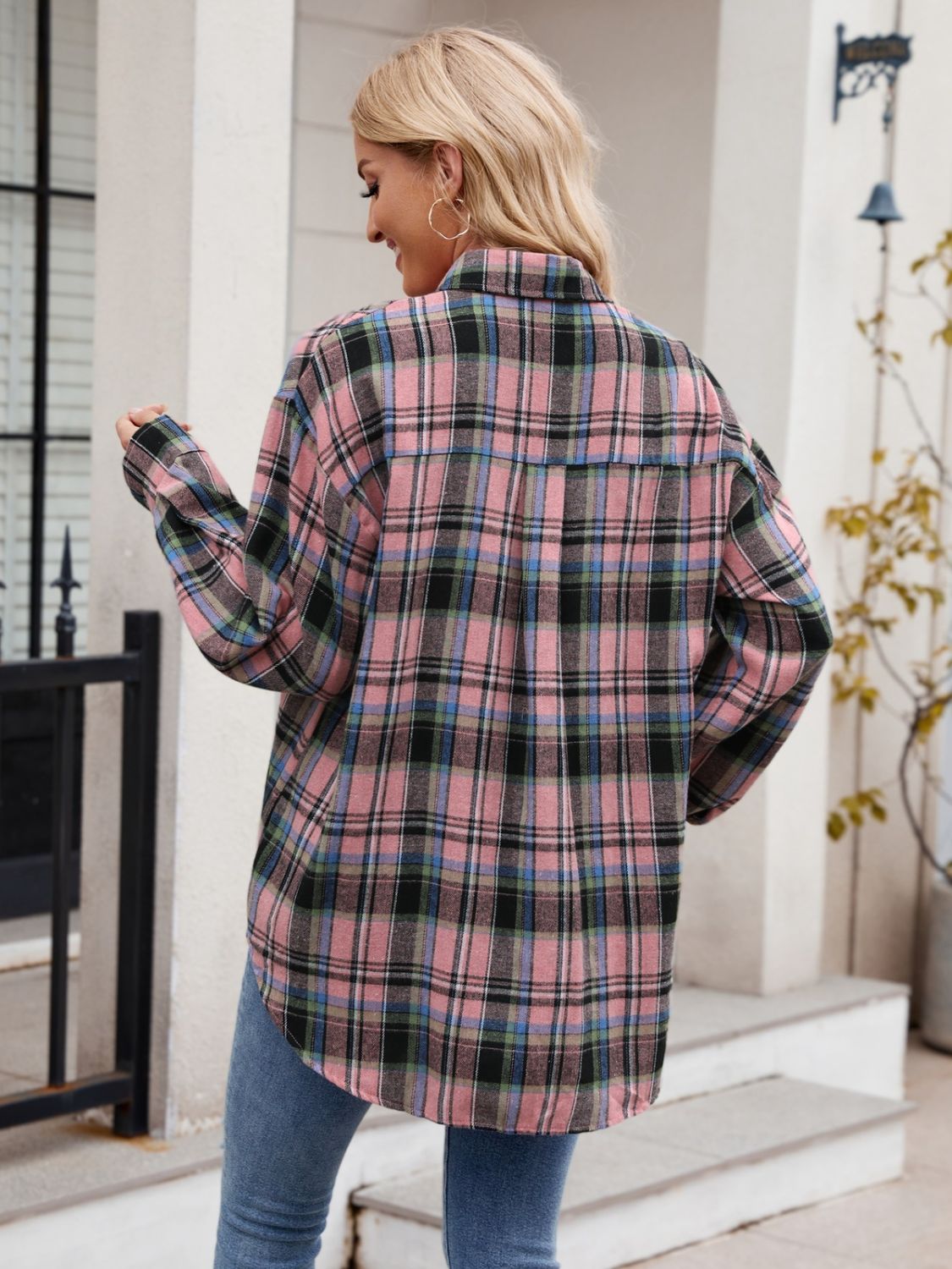 Pocketed Plaid Collared Neck Long Sleeve Shirt - In Style Chics Boutique LLC