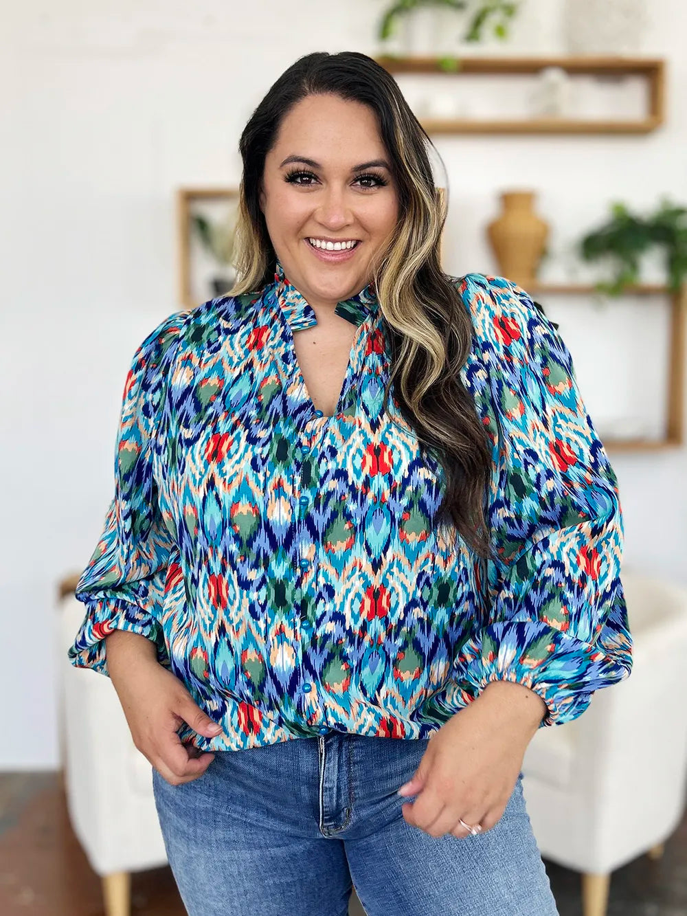 Printed Balloon Sleeve Blouse 💙 Shop Deals at In Style Chics Boutique