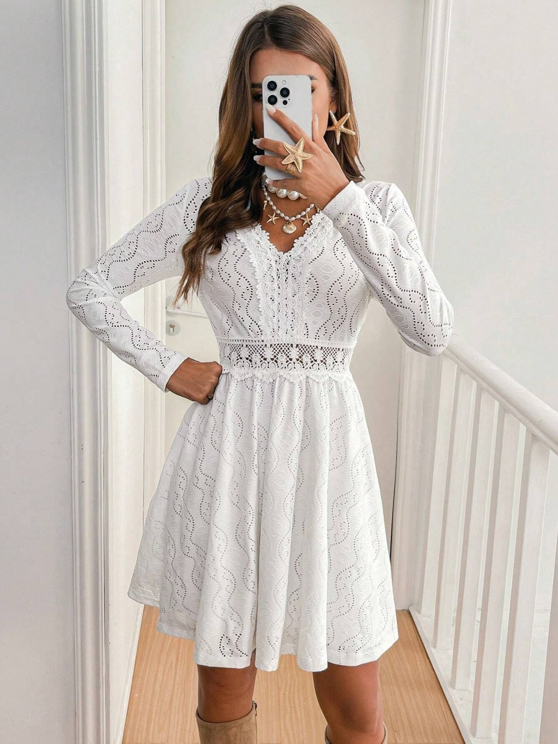 Lace Detail V Neck Long Sleeve Mini Dress - In Style Chics Boutique LLC