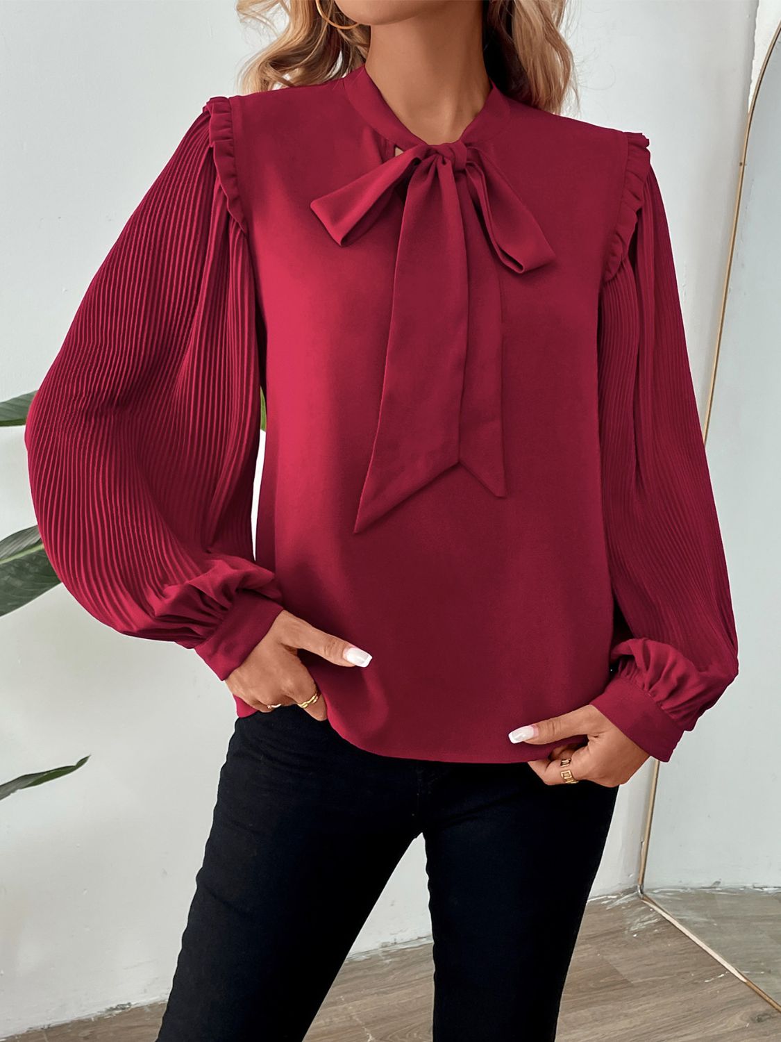 Perfee Frill Tie Neck Long Sleeve Blouse - In Style Chics Boutique LLC