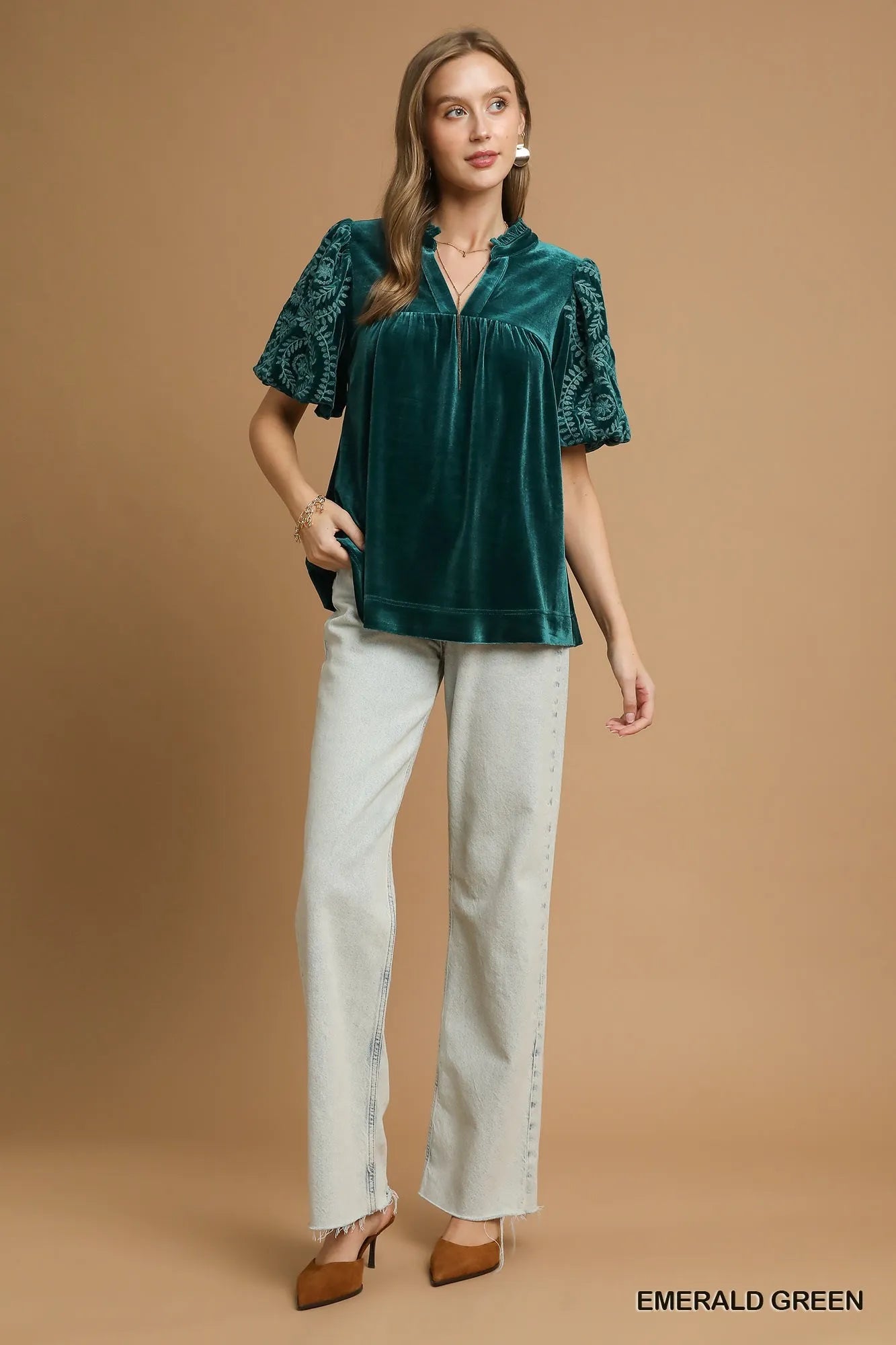 Velvet Embroidered Sleeve Blouse at In Style Chics Boutique