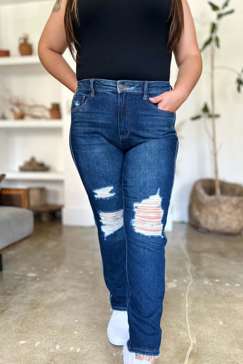 Judy Blue Full Size High Waist Rigid Magic Heavy Destroy Straight Jeans - In Style Chics Boutique LLC