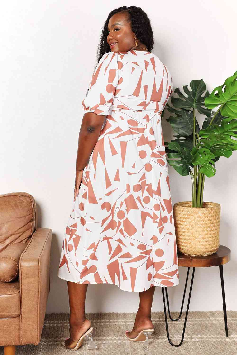 Printed Surplice Balloon Sleeve Dress - spring dresses - In Style Chics Boutique Online Clothing