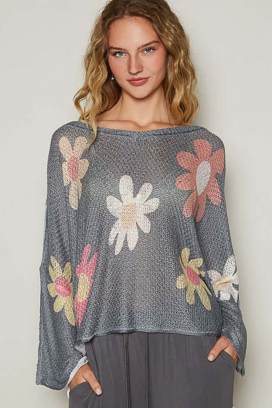 POL Flower Dropped Shoulder Long Sleeve Knit Top - In Style Chics Boutique LLC
