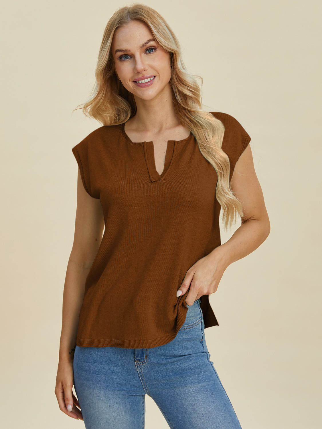 Notched Cap Sleeve Knit Top - In Style Chics Boutique Online Clothing Women's Juniors Plus Size