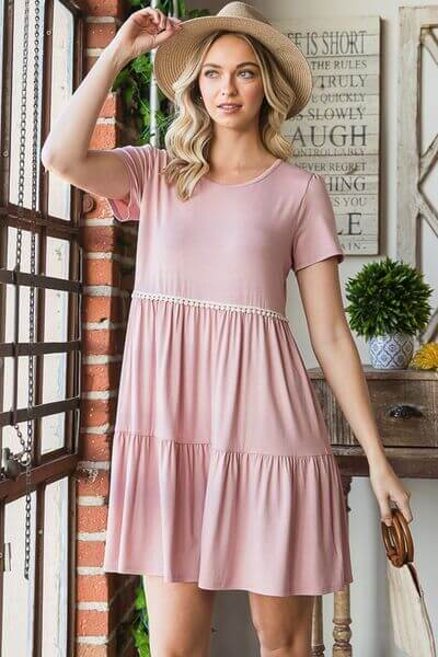 Solid Mini Tiered Dress with Pompom Lace - In Style Chics Boutique