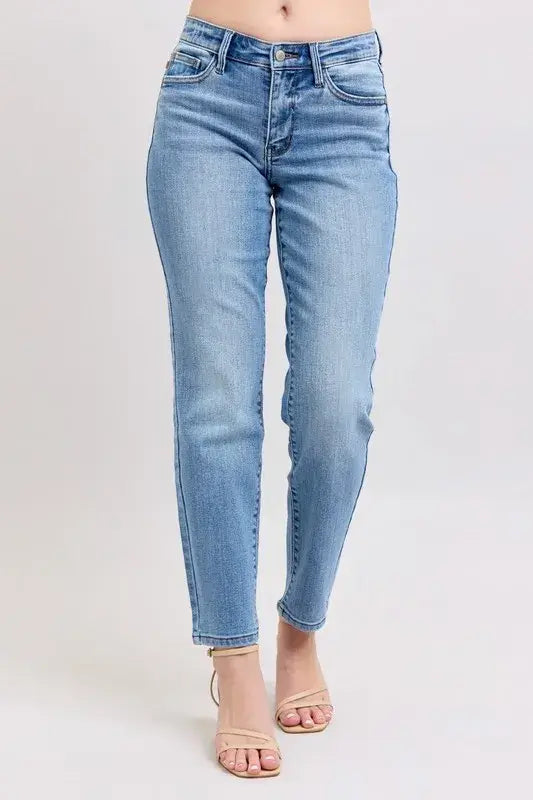 Judy Blue Mid Rise Vintage Wash Slim Jeans with Cell Phone Pocket - In Style Chics Boutique Women's Juniors Plus Size Apparel Online