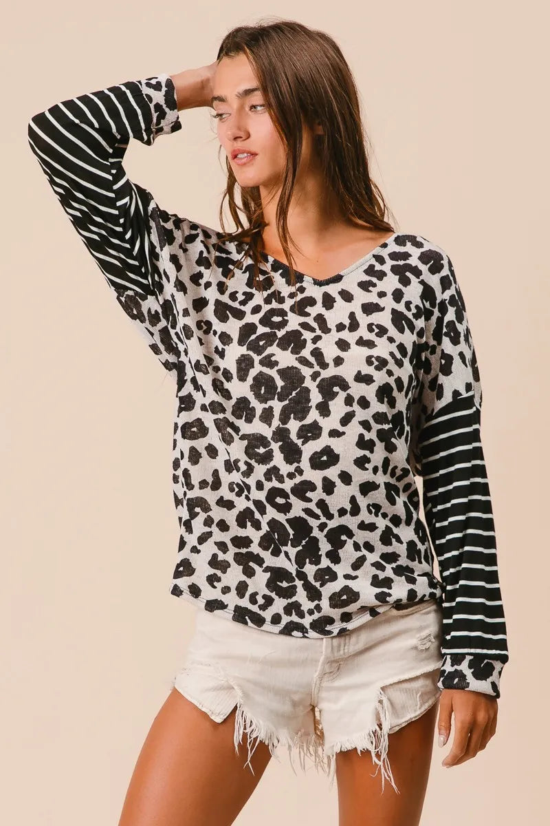 Leopard Hacci Knit Twist Open Back Top With Stripe Sleeve, In Style Chics Boutique