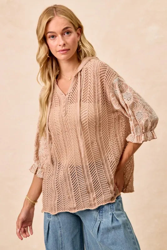 Jacquard Flower Puff Sleeve Hooded Knit Top at In Style Chics Boutique