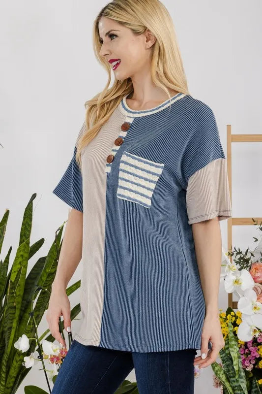 Rib Contrast Short Sleeve T-Shirt - Made in USA - In Style Chics Boutique Women's Juniors Plus Size Cute Clothes Online