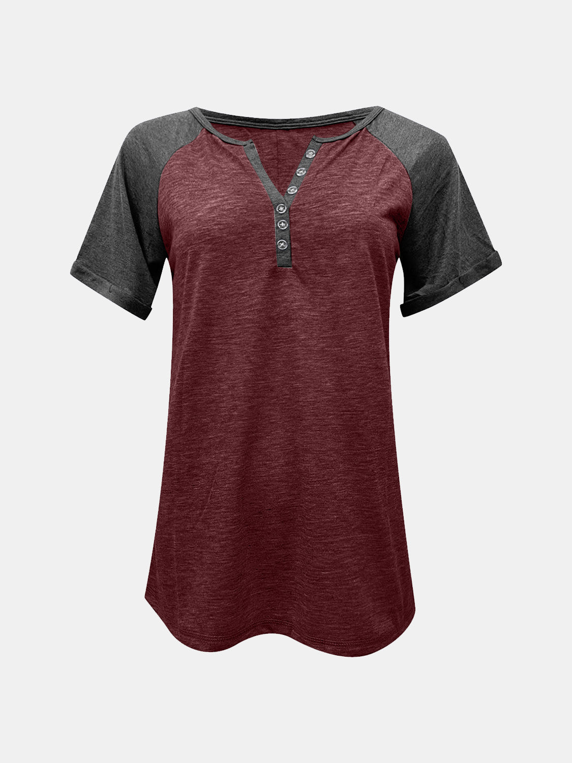 Contrast Notched Short Sleeve T-Shirt - In Style Chics Boutique LLC