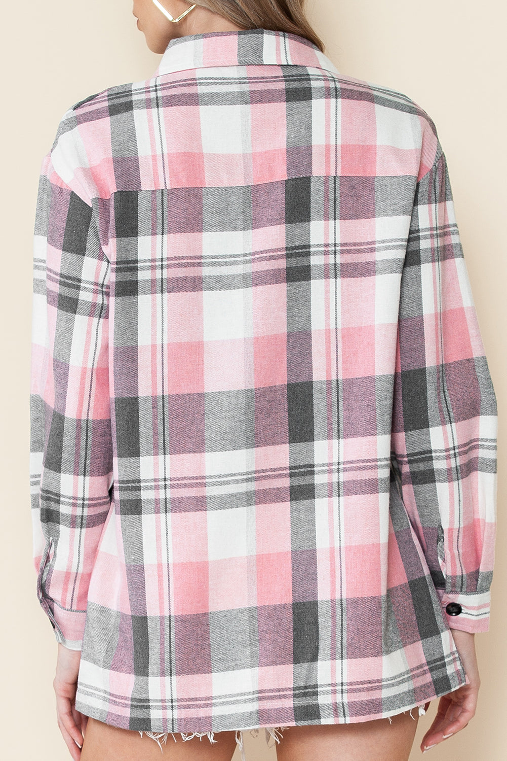 Pink Long Sleeve Collared Button Up Flannel Shacket - In Style Chics Boutique LLC