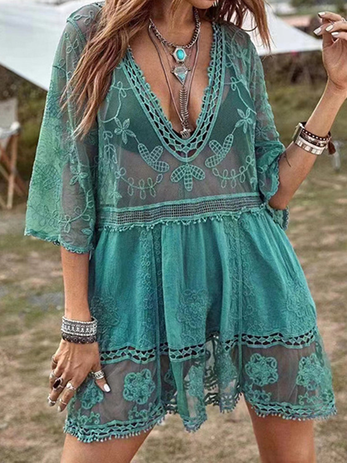 Lace Detail Plunge Cover-Up Dress More Colors! - In Style Chics Boutique LLC