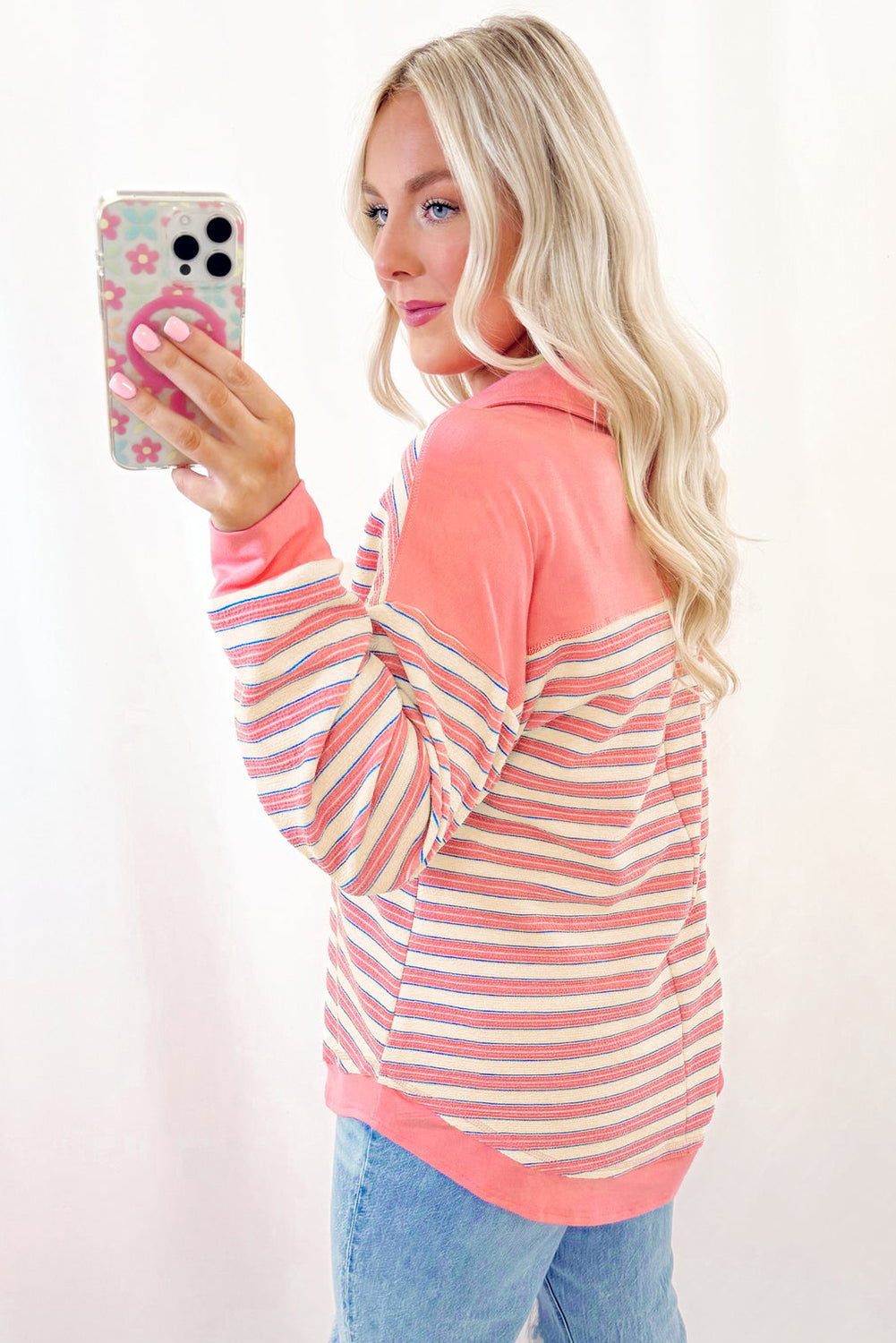 Stripe Collared V Neck Drop Shoulder Top - In Style Chics Boutique LLC