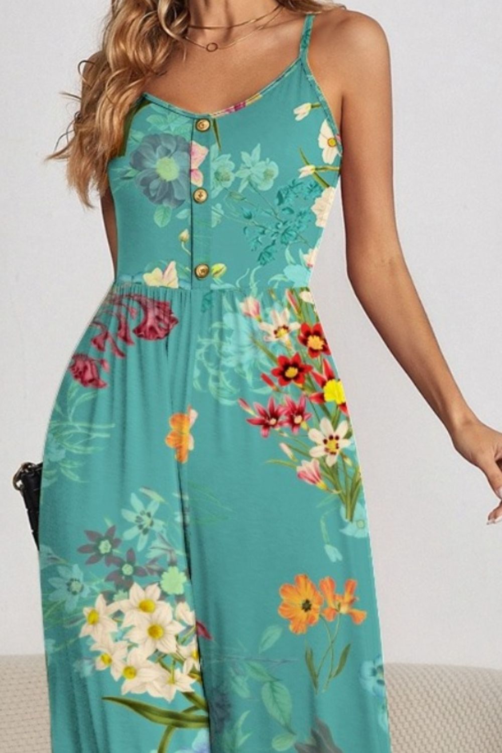 Decorative Button Spaghetti Strap Wide Leg Jumpsuit - More Prints! - In Style Chics Boutique LLC