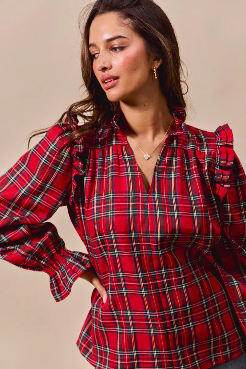 Christmas Checkered Plaid Smocked ♥️ Blouse at In Style Chics Boutique