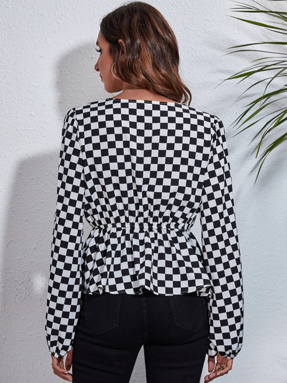 Checkered V-Neck Balloon Sleeve Peplum Blouse - In Style Chics Boutique LLC