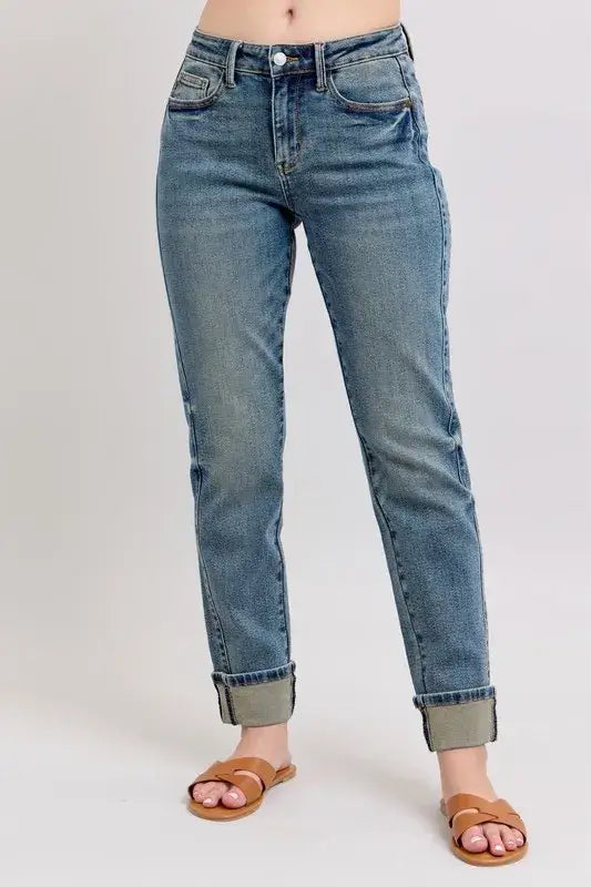 Judy Blue Mid Rise Vintage Wash Double Roll Cuff Boyfriend Jeans - In Style Chics Boutique Women's Juniors Plus Size Apparel Online