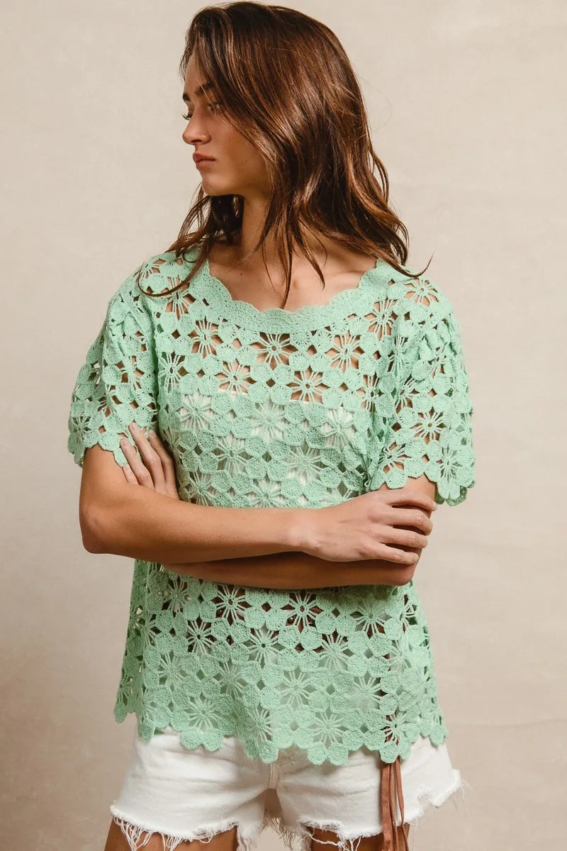 Openwork Crochet Short Sleeve Knit Top at In Style Chics Boutique
