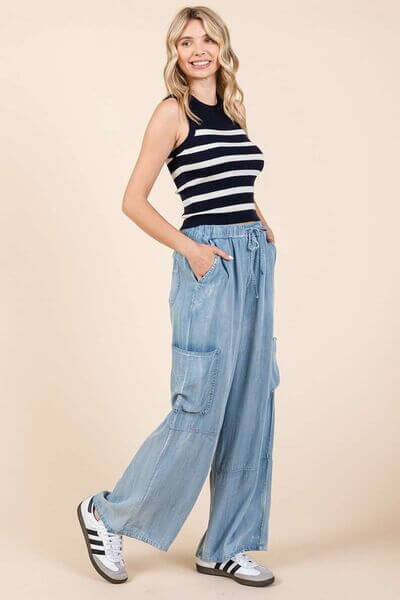 Washed Elastic Waist Cargo Wide Leg Pants