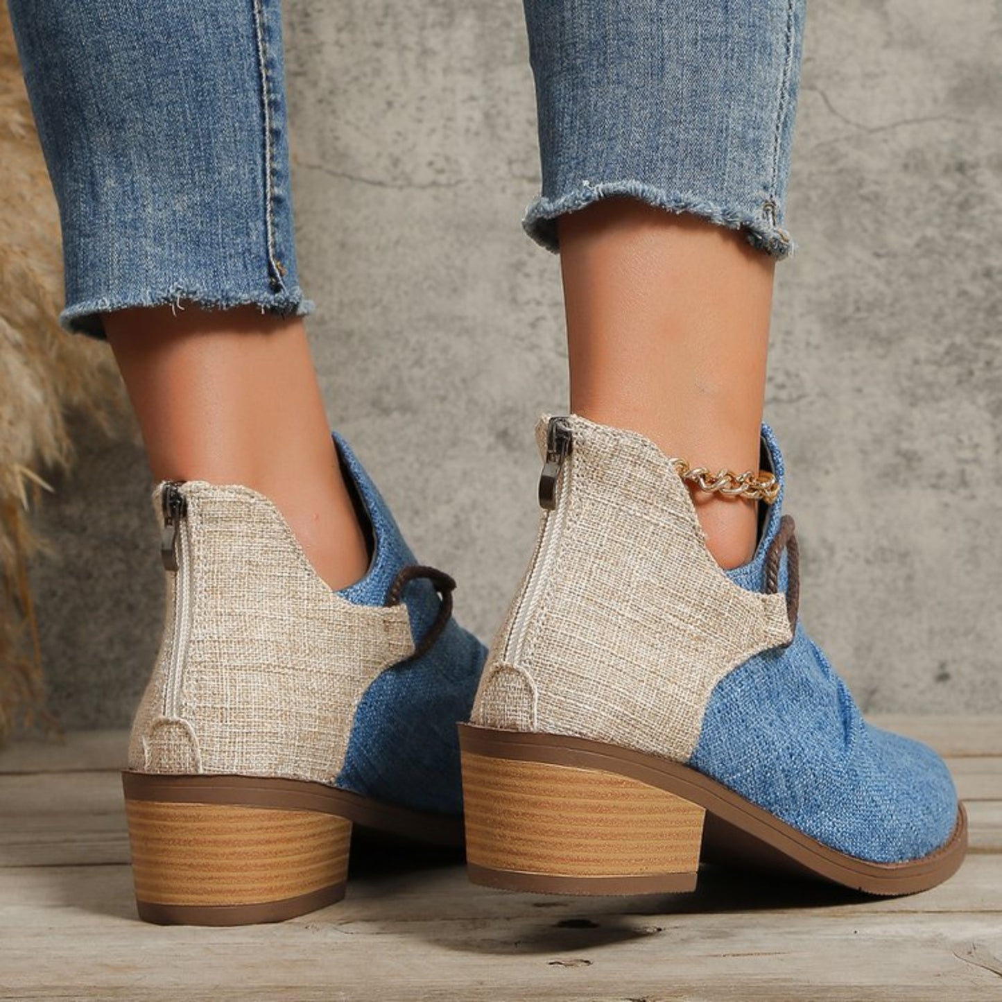 Contrast Canvas Low Heel Boots - In Style Chics Boutique LLC