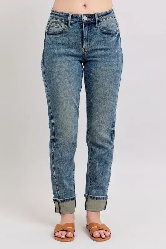 Judy Blue Mid Rise Vintage Wash Double Roll Cuff Boyfriend Jeans - In Style Chics Boutique Women's Juniors Plus Size Apparel Online