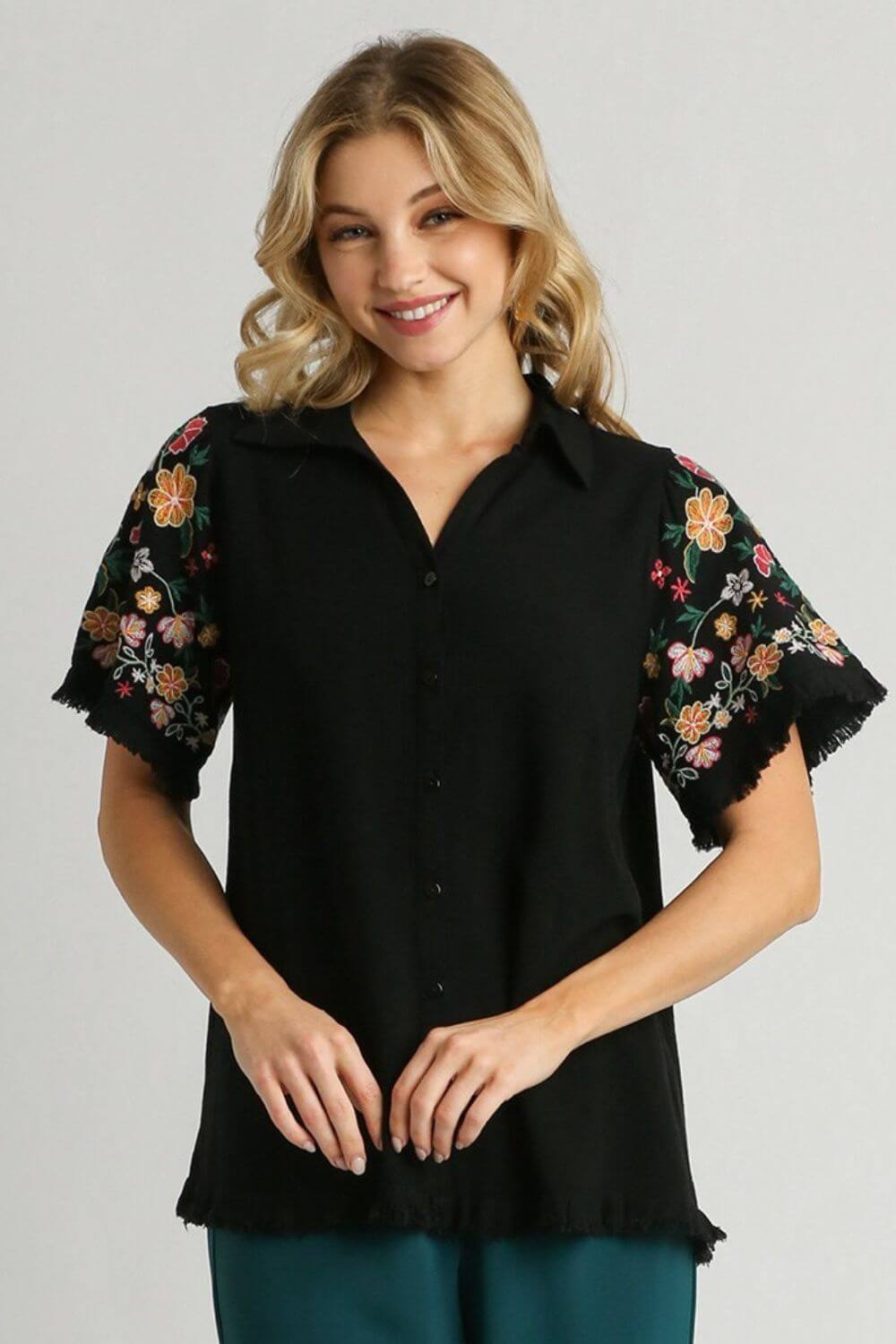 Linen Shirt with Embroidered Sleeves - Cute Clothing - In Style Chics Boutique Online Women's Juniors Plus Size Apparel