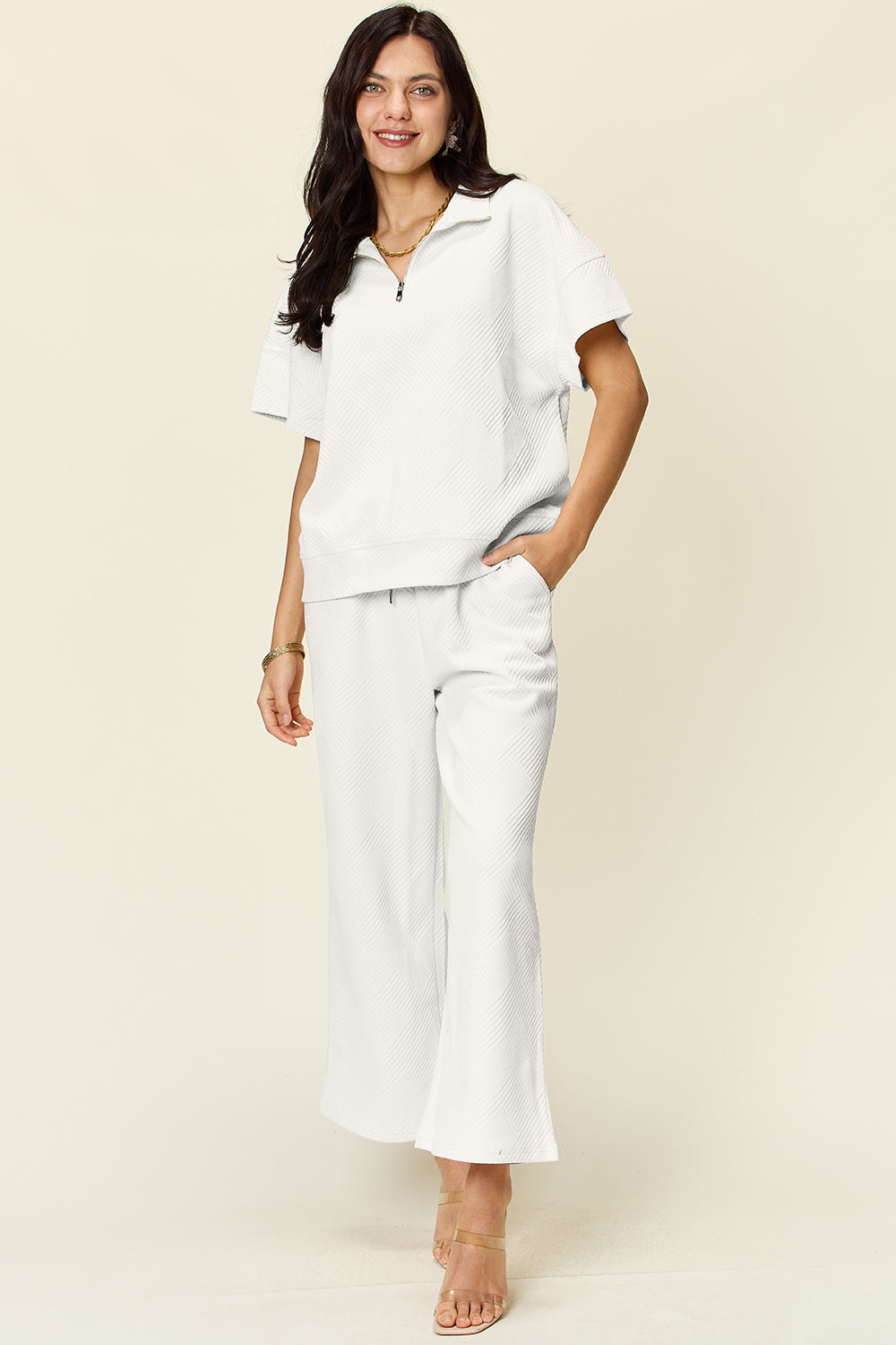 Double Take Texture Half Zip Short Sleeve Top & Pants Set- More Colors! - In Style Chics Boutique LLC